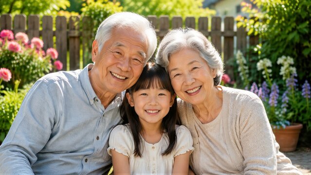 Elderly grandparents smiling with granddaughter in backyard garden