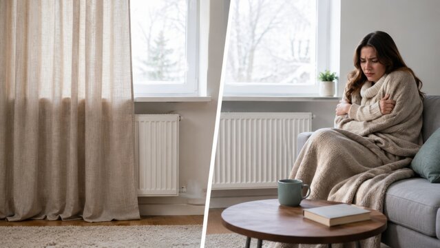 Curtains covering radiator and a cold living room