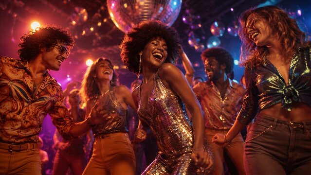 Group dancing energetically under disco lights in nightclub