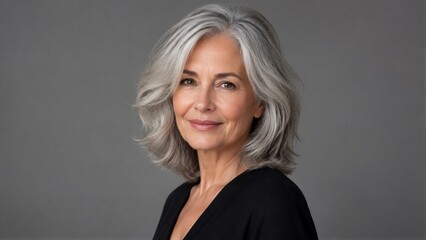 Fototapeta premium Mature woman smiling in relaxed portrait pose on gray background