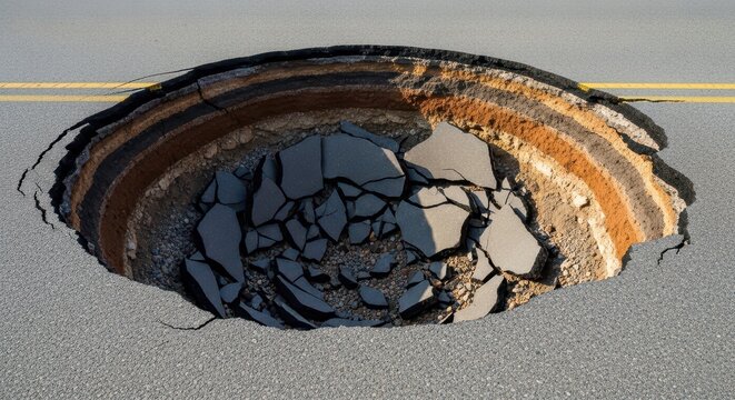 A massive circular cavity opens up in the middle of a paved road, revealing layers of soil and broken asphalt after a sudden collapse, instability, rupture, depth