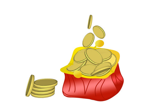 Purse with gold coins, color drawing, template for decoration, on a transparent background.