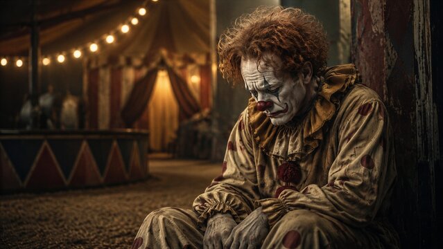 Sad clown sitting alone inside abandoned circus tent