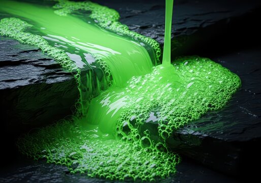 Bright neon green slime water flows over dark stones, creating thick bubbles and a viscous texture that looks toxic and eerie in the light, pollution, sludge, surface
