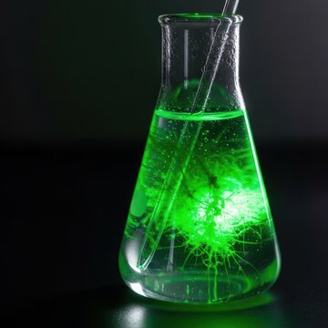 Glowing green microalgae inside a glass laboratory flask, illustrating the process of extracting renewable biofuel from natural aquatic sources, science, fuel, development