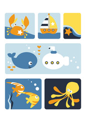 Fototapeta premium Cute Marine Animals Submarine Whale Crab and Octopus Vector Set