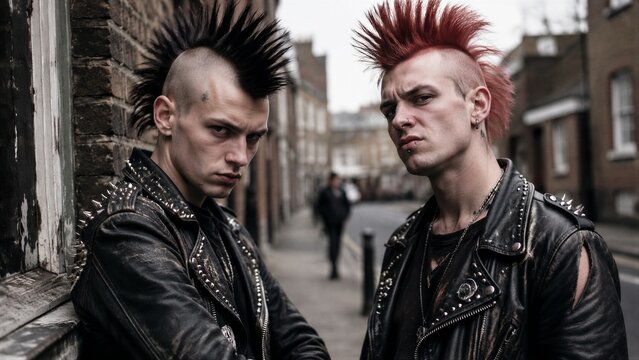 Two punk men standing on urban street with mohawks