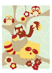 Fototapeta premium Cute Raccoon Squirrel and Owl on Tree Wild Forest Vector Illustration