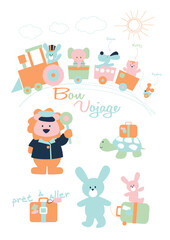 Fototapeta premium Cute Animals Riding Toy Train Bon Voyage Travel Vector Illustration