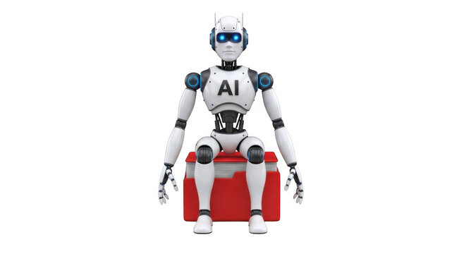 White robot sitting on red box isolated on transparent background