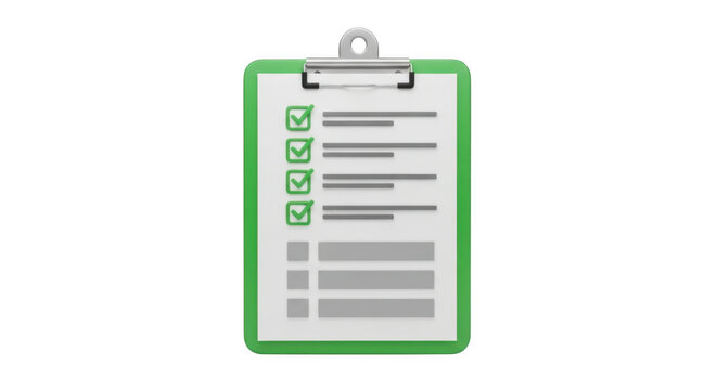 Green clipboard with check list isolated on transparent background