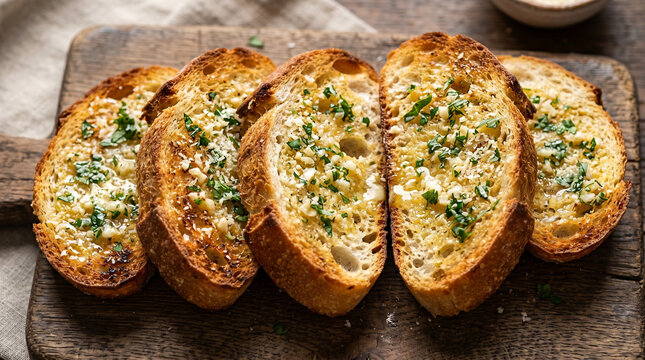 Garlic bread slices with parsley on a wooden cutting board