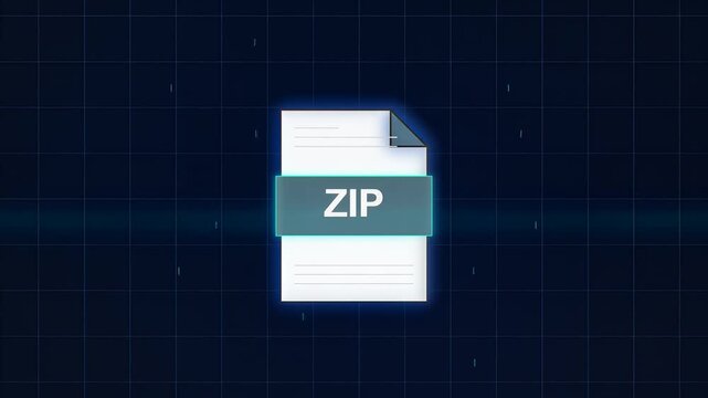 Zip file icons moving across a dark blue digital interface