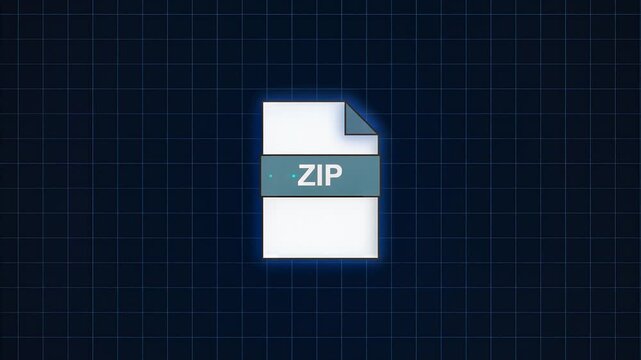 Glow zip file icon animation on dark blue digital grid background