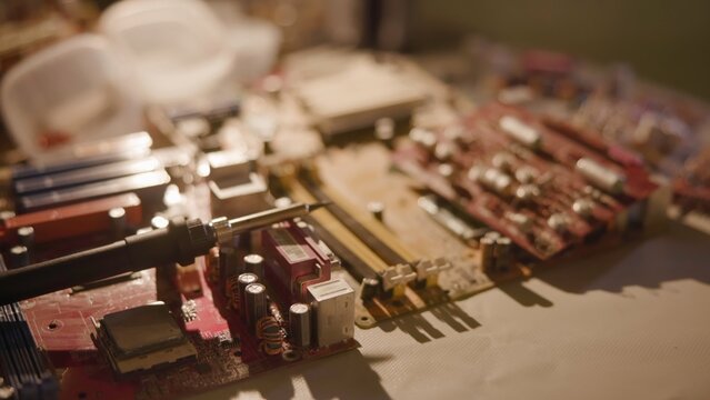 Electronic components and circuit boards on a workbench