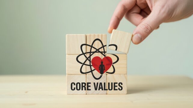 Hand placing a wooden block to complete the core values concept