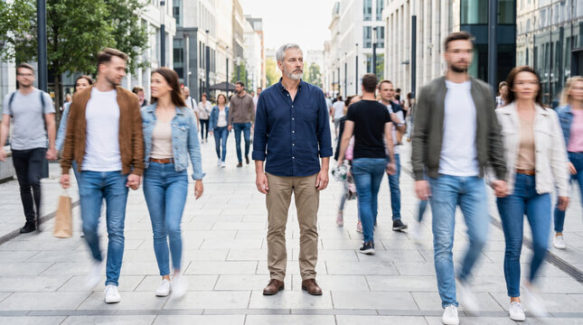 Lonely Mature Man Standing Alone in a Busy City Crowd