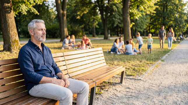 Lonely Mature Man Standing Alone in a Busy City Crowd