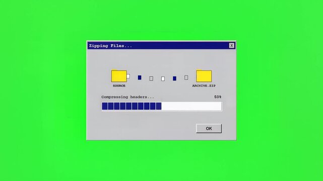 Vintage computer file transfer progress window on green screen