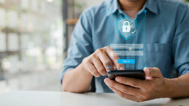 Secure online access and data protection for digital users, showcasing a person interacting with a mobile login interface featuring advanced cybersecurity measures