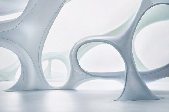 Futuristic organic architecture interior, white fluid parametric structure with curved lines, abstract minimalist building design with soft lighting