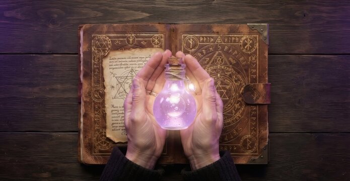 Woman holding glowing potion bottle over open ancient book with alchemy symbols. Witch practicing magic ritual. Mystical concept of fantasy literature, divination and occult wisdom.