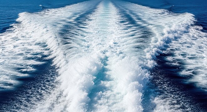 A powerful boat wake churns the deep blue ocean surface into a path of white foam and bubbles under bright sunlight on a clear summer day, spray, movement, fresh
