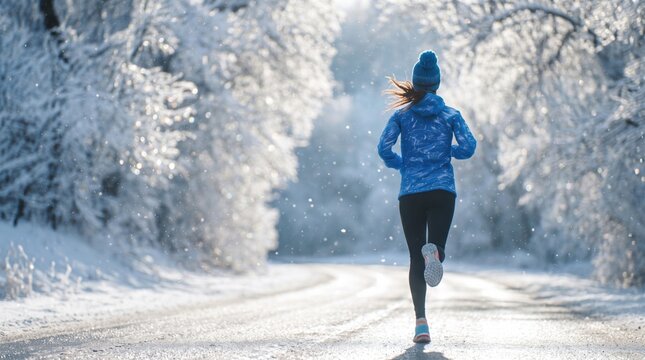 Back view of athletic woman running on snowy road in winter forest morning active female jogger training outdoor fitness workout and healthy lifestyle