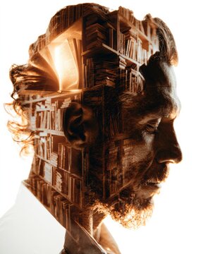 A male figure is seen with a library of books within his head, focused on a glowing volume that represents a quest for health knowledge.