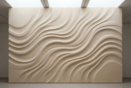 Minimalist 3D wave wall panel, modern architectural relief sculpture, beige textured abstract interior design, contemporary plaster art installation