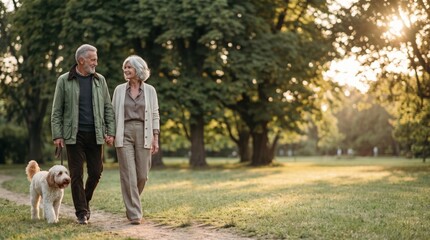 Fototapeta premium Happy senior couple walking with dog in summer park at sunset active elderly family enjoying retirement lifestyle outdoor nature weekend recreation