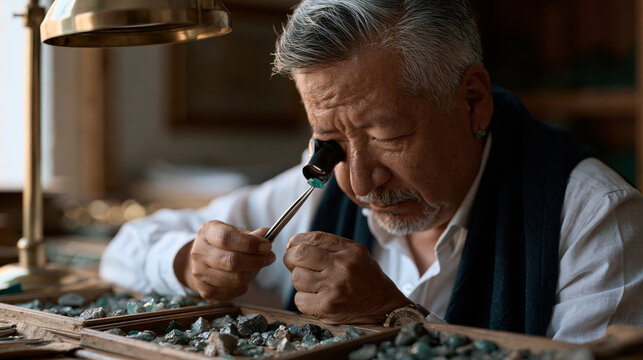 A Colombian emerald sorter examining a rough stone under a loupe at a jewelers bench, tweezers holding the gem, trays of uncut stones beside the magnifying lamp, focused
