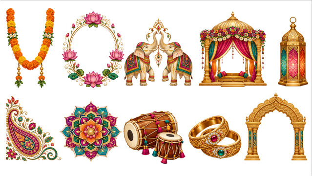 Traditional Indian Wedding Elements with Mandap, Elephants, Marigold Garland and Mandala Illustration Set