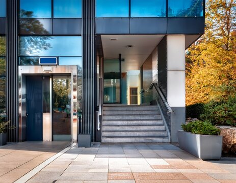 ada compliant office entrance with wheelchair access ramp
