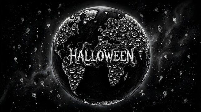 Halloween world map illustration with spooky jackolanterns and ghosts in space, black and white artistic design