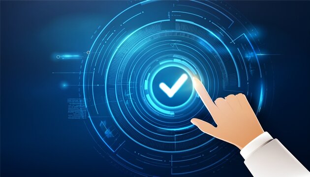 quality assurance hand pressing approval checkmark with digital checklist interface compliance verification and standard certification concept