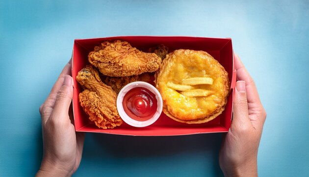 fast food meal concept hands presenting crispy fried chicken french fries and egg tart in red takeout box for casual dining