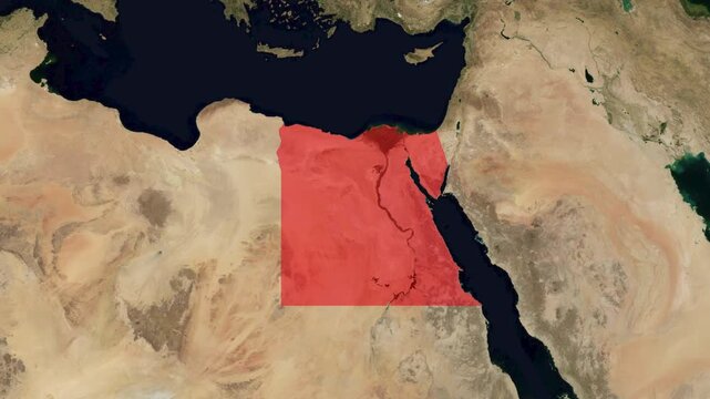 3D render animation of a satellite map zooming in on the country of Egypt in North Africa, highlighting the national borders in red.