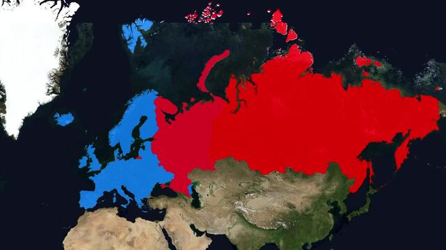 3D render animation of a geopolitical satellite map emphasizing the borders of Europe in blue and the Russian Federation in red.