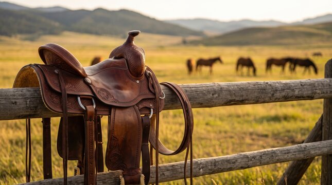 Vintage Leather Cowboy Saddle on Wooden Fence at Ranch, Western Countryside Landscape with Grazing Horses in Blurred Background at Sunset, Country Life