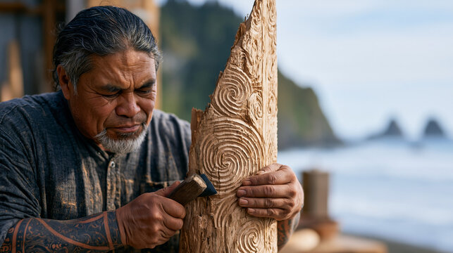 Maori woodcarver with traditional tattoos on forearms chiseling intricate spiral pattern into kauri timber post, indigenous craft expertise and cultural identity in open outdoor