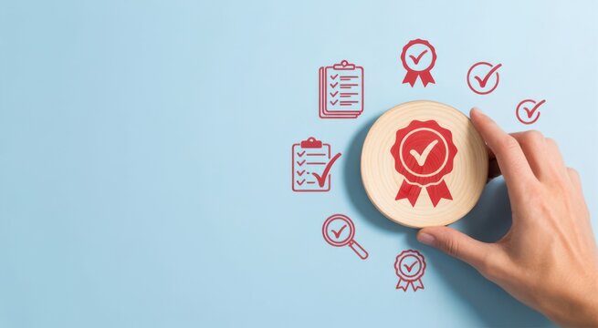 Hand holding a wooden block with quality certification