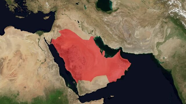 3D render animation of a satellite map zooming in on the Arab Gulf countries in the Middle East, highlighting the Arabian Peninsula borders in red.