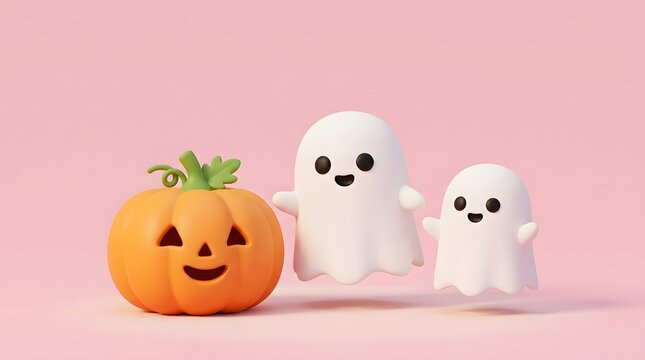 A cute 3d rendered pumpkin with two friendly ghosts on a soft pink background