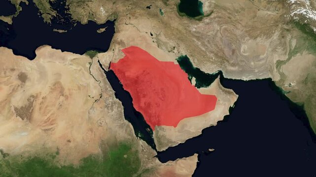 3D render animation of a satellite map focusing on the Kingdom of Saudi Arabia in the Arabian Peninsula, highlighting its territory in red.