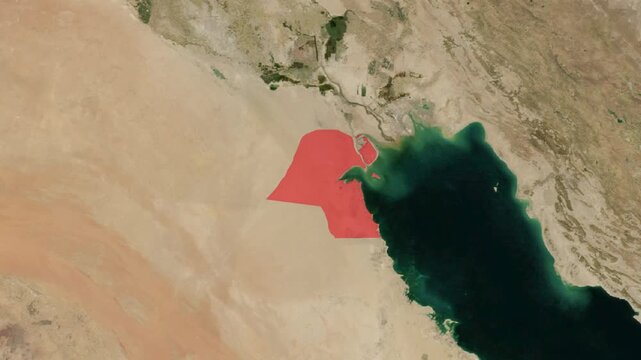 3D render animation of a satellite map zooming in on Kuwait in the Middle East, highlighting national borders in red for geographic visualization.