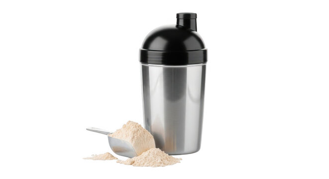 Metal protein shaker with powder isolated on transparent background