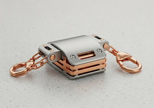 Metallic mechanical clasp with rose gold chains and silver body on a speckled gray background