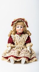 Fototapeta premium A vintage porcelain doll sitting on a seamless white backdrop, featuring intricate lace details, painted facial features, and soft curls, toy, ceramic, lace