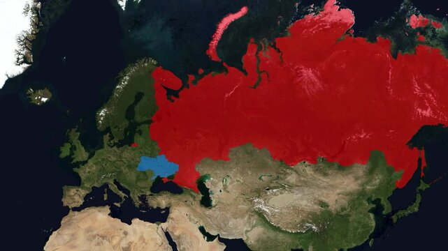 3D render animation of a satellite map showing Eastern Europe, highlighting Ukraine in blue and Russia in red for geopolitical visualization.